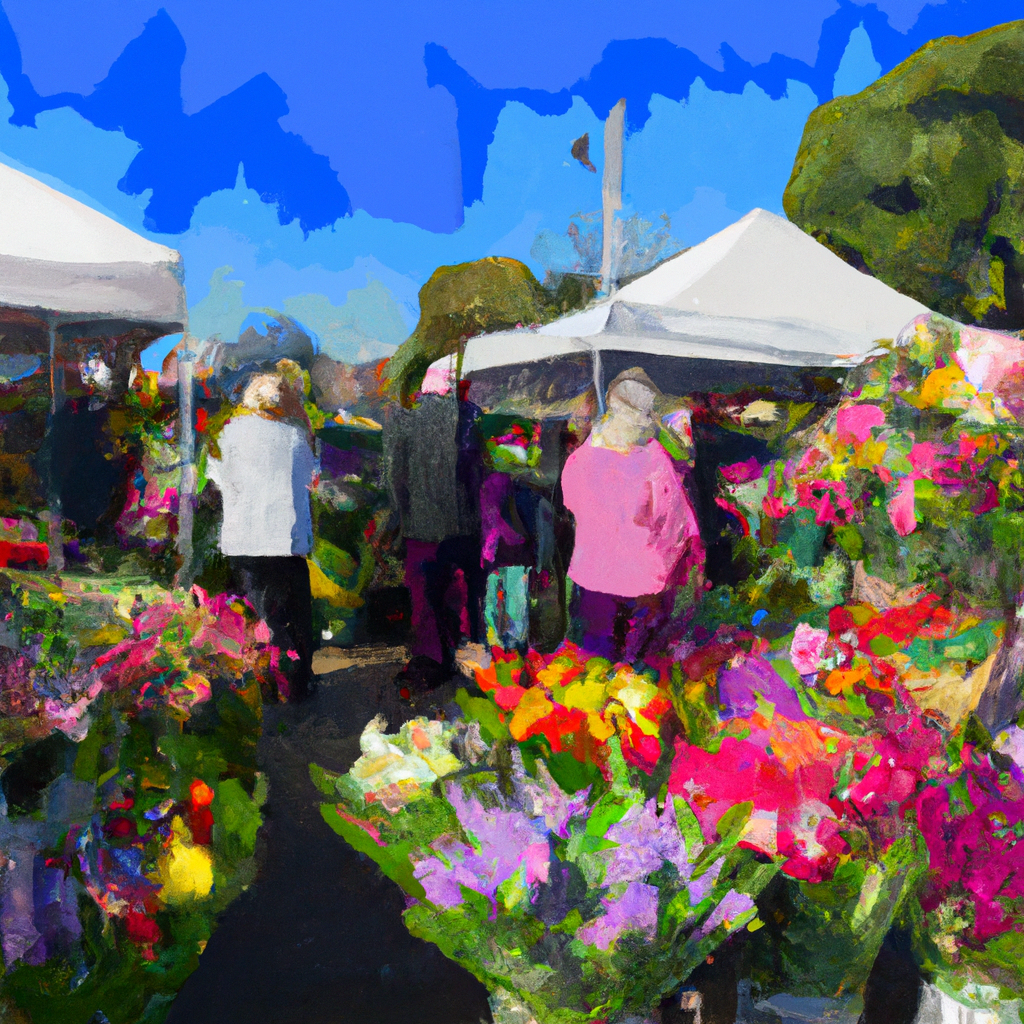 A picturesque scene of a vibrant flower market in Christchurch, New Zealand, bustling with activity, with people of diverse ethnicities choosing bouquets and vendors arranging colorful floral displays