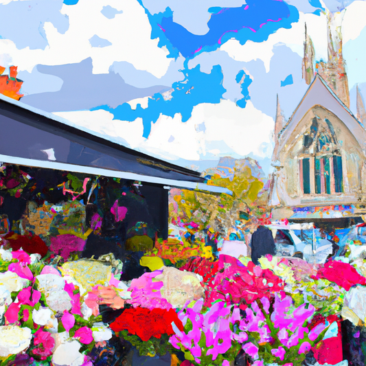 Create an image of a quaint flower shop located on a bustling cobblestone street in Christchurch during the springtime, with multiple displays of colorful flowers and happy customers browsing, includi