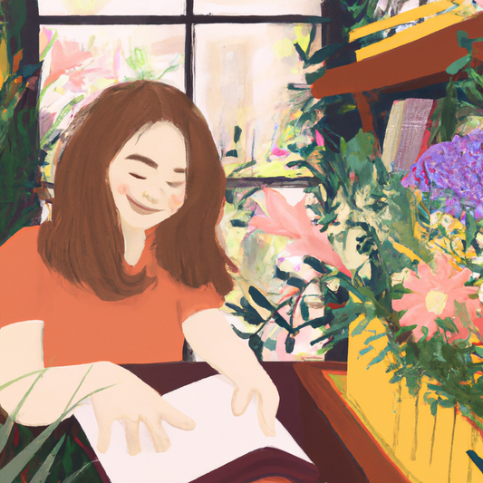 An image of a young, enthusiastic woman in a cozy, sunlit floral shop, surrounded by colorful bouquets and green plants, carefully arranging flowers with a gentle smile, with a visible beginner's guid