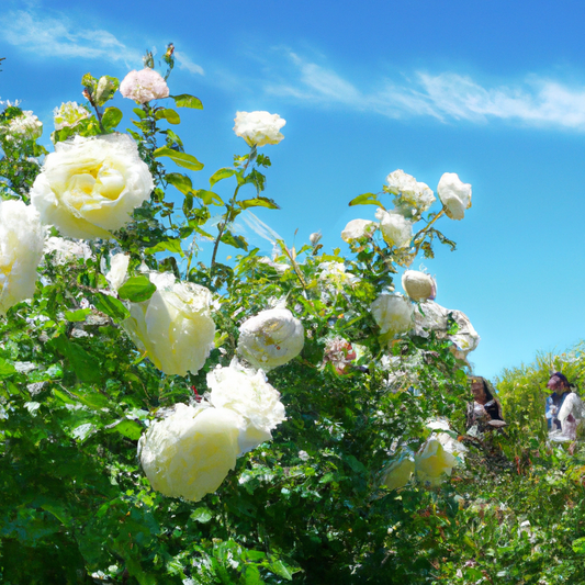 An enchanting garden in Christchurch, New Zealand, filled with various shades of white roses, with visitors gently tending to the flowers and admiring their beauty under a clear blue sky.