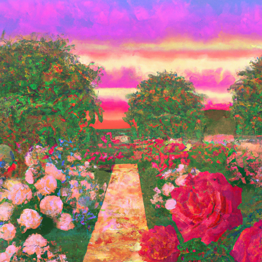 An enchanting garden at sunset, with a serene path winding through a vibrant collection of roses in full bloom, showcasing an array of colors like deep red, soft pink, bright yellow, and pure white, u