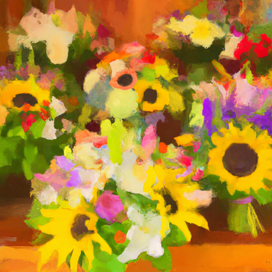 A vibrant digital painting of a diverse array of flower bouquets lined up on an antique wooden table, each bouquet fitting different occasions - a cheerful sunflower arrangement for a birthday, elegan