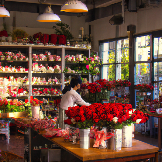 An enchanting flower shop in Christchurch, beautifully decorated with hundreds of red roses, charming wooden shelves filled with assorted floral arrangements, and a cheerful florist arranging a dozen 