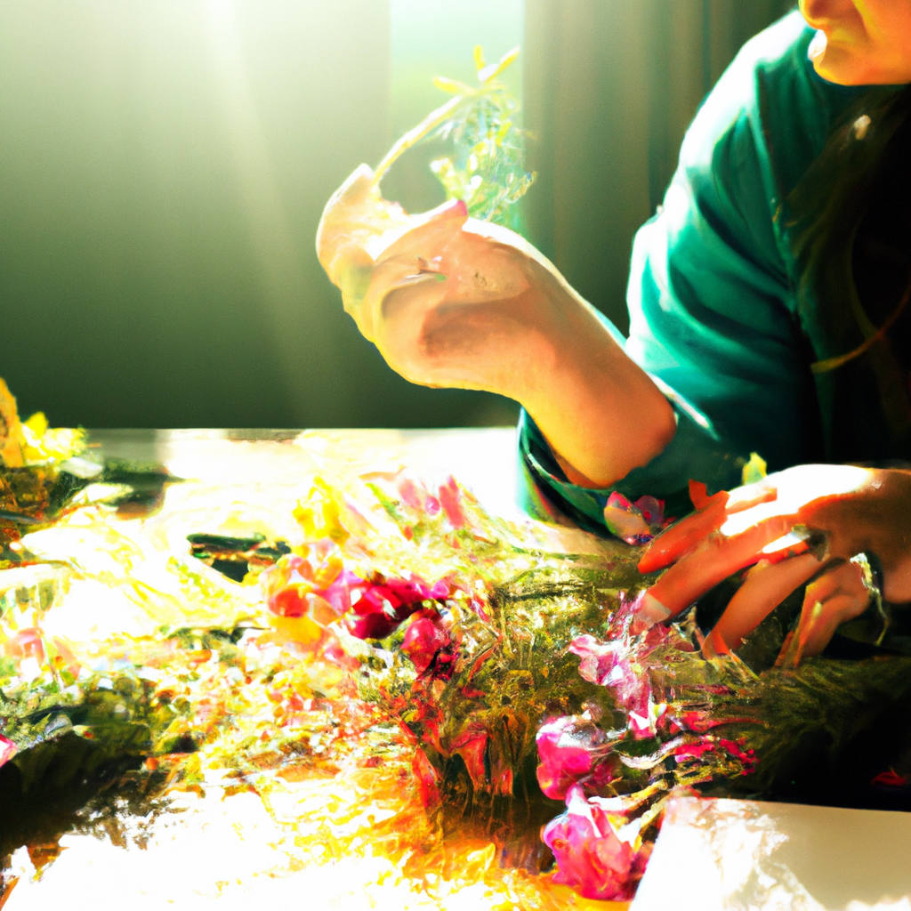 Close-up of a person sitting at a wooden table, crafting a colorful flower circlet using a variety of fresh flowers and greenery, with sunlight streaming through a window, casting a warm glow on the c