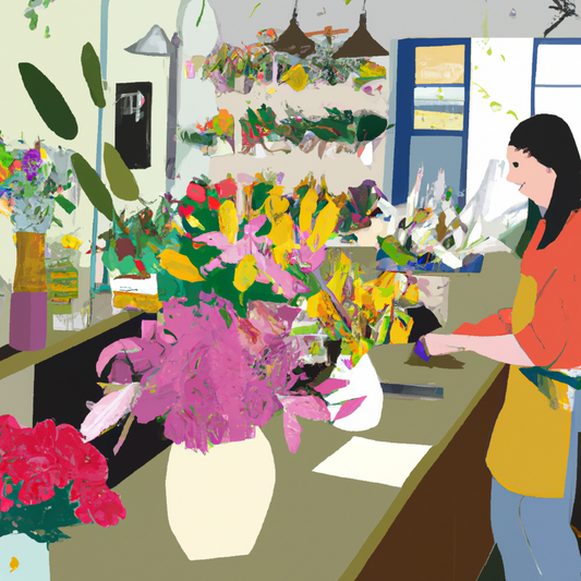 An artistically arranged flower shop with a variety of colorful bouquets on display, each labeled with a different occasion like birthdays, weddings, and anniversaries, with a smiling florist helping 