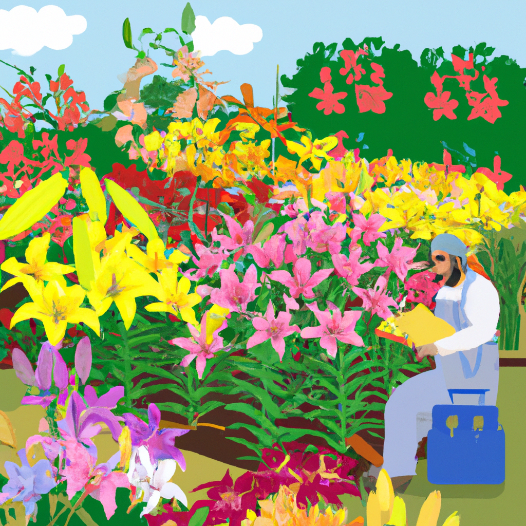 An enchanting garden filled with a diverse array of lily flowers, showcasing different colors and varieties, with a gardener gently tending to the plants, surrounded by gardening tools and a guidebook