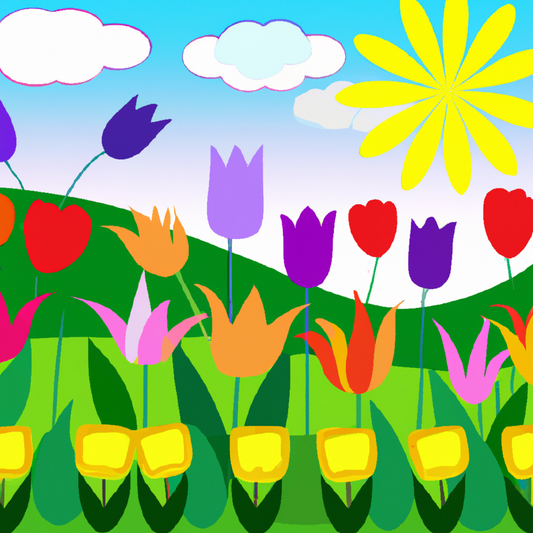 Vibrant garden filled with an array of colorful flowers including tulips, roses, and sunflowers, showcasing biodiversity under a bright sunny sky.