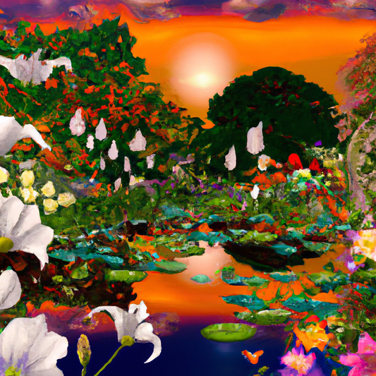 An ethereal garden at sunset, filled with various types of blooming lilies, glowing softly under warm golden light, with a tranquil pond reflecting the serene sky and flowers.