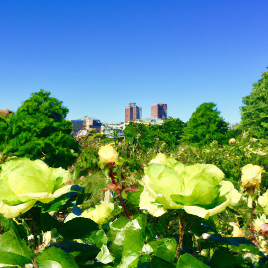 Vibrant green roses blooming in the lush gardens of Christchurch, New Zealand, with the cityscape in the backdrop under a clear blue sky.