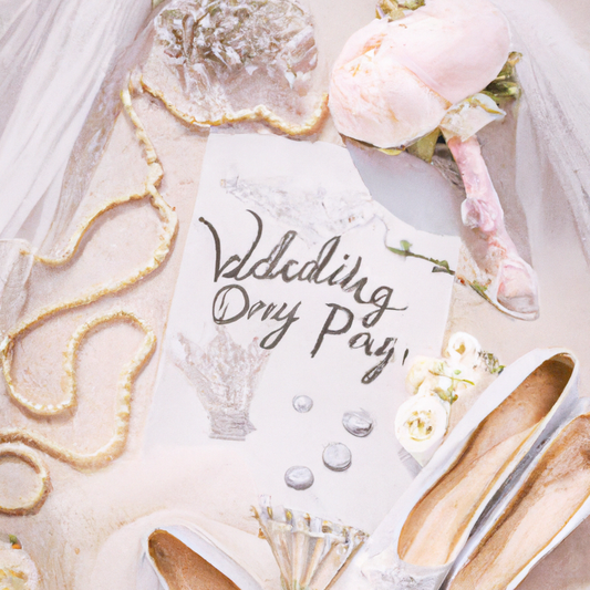 An elegantly arranged flat lay of essential wedding day items including a delicate white lace wedding dress, a pair of sparkling silver high heels, a small bouquet of blush pink peonies, a vintage pea