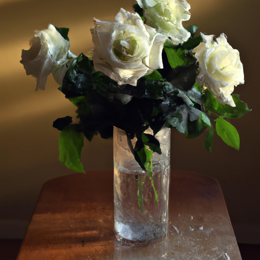 An elegant bouquet of white roses with dew drops on the petals, surrounded by soft, muted green foliage, under a gentle morning sun, in a classic glass vase on a rustic wooden table.